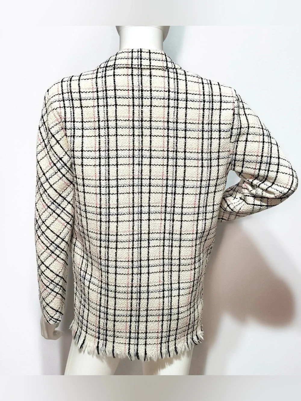 Maje preppy coquette style cream multicolored plaid blazer with gold button | 34